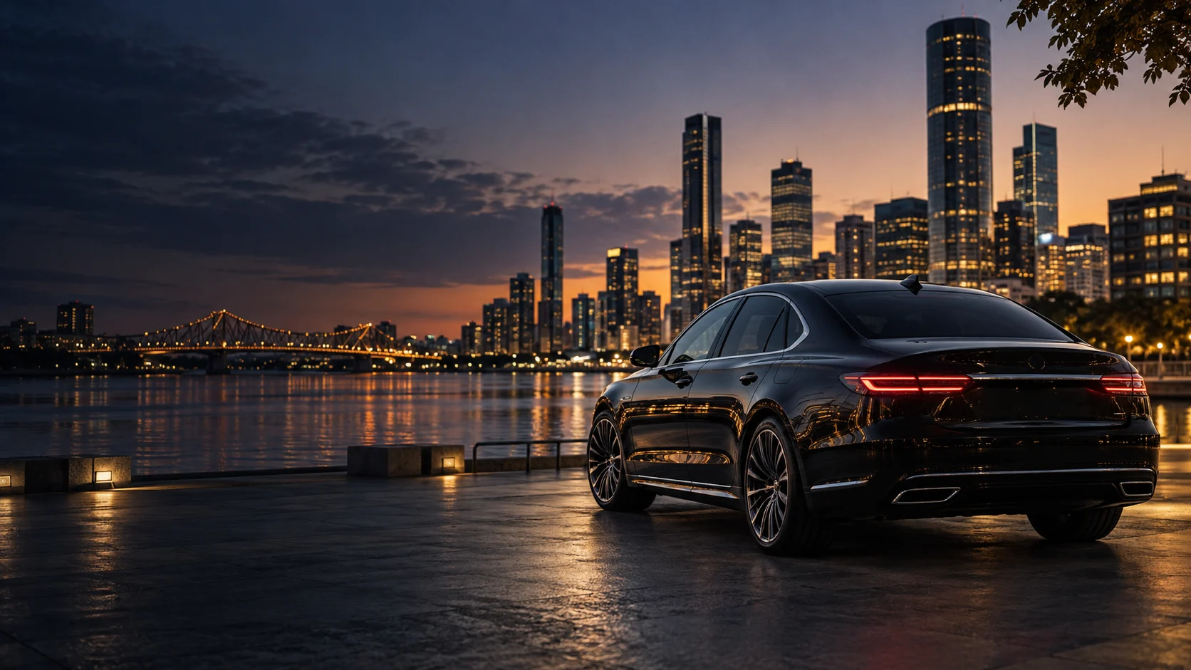 Illustrative luxury sedan beside a city riverfront at dusk